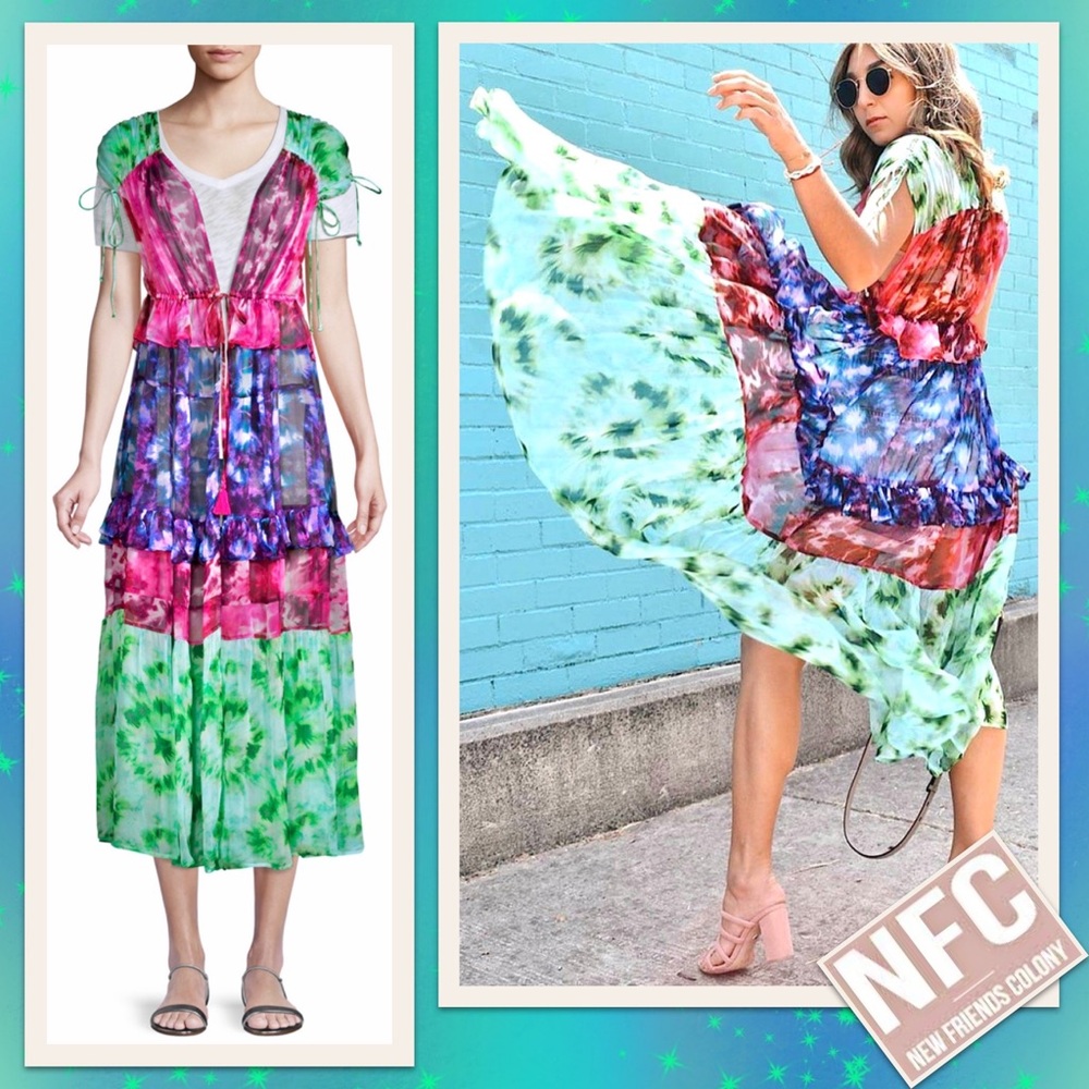 NFC Capri Tiered Tie Dye Kimono in Red, Blue, Purple & Green